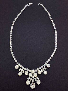 Vintage Leo Glass Rhinestone Statement Necklace Bridal Prom Sparkle